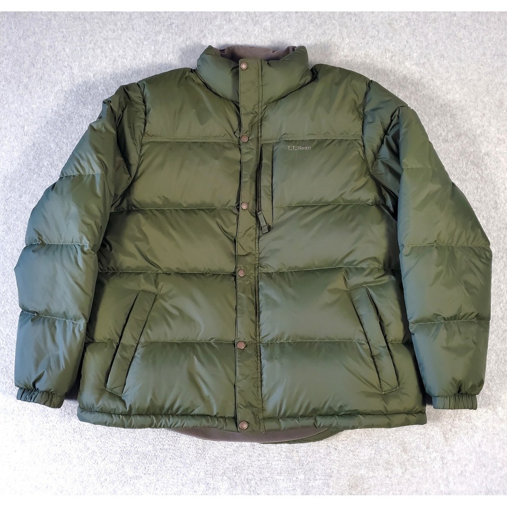 LL Bean Down Puffer Jacket Mens XL Reg Olive Green Quilted Full Zip Coat Nylon
